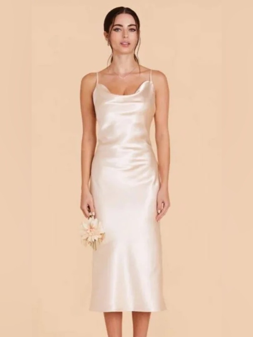 NWT Birdy Grey Lisa Midi Dress in Shiny Satin, Color Champagne, Small.